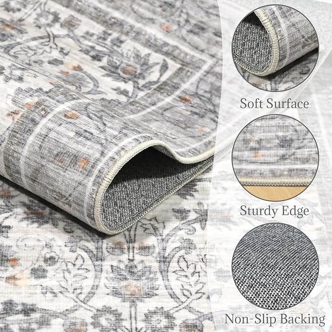 Washable Area Rugs 5'x7' Non-Slip Vintage Boho Distressed Fade Resistant Low Pile Carpet for High-Traffic Living Room, Bedroom & Dining Room