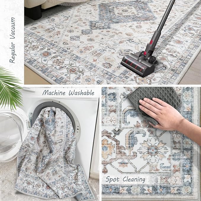 Washable Vintage Area Rug 5x7 - Soft Traditional Farmhouse Ultra-Thin Rug for Living Room, Bedroom, Dining Room and Home Office - Distressed Oriental Reto Indoor Floor Carpet Rug…