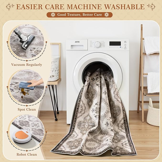 EnHomee Area Rugs 5x7, Soft Washable Rugs for Living Room Bedroom, Boho Non Slip Low Pile Stain Resistant Washable Rug Large Carpet for Dining Room,Easy to Clean Living Room Rug, Khaki