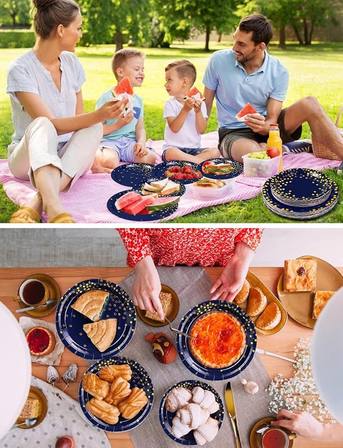 141 Pieces Navy Blue Gold Party Supplies, Disposable Party Decorations Sets Include Paper Plates Napkins Cups, Plastic Forks Knives Spoons, for Baby Shower Birthday Wedding -20 Guests