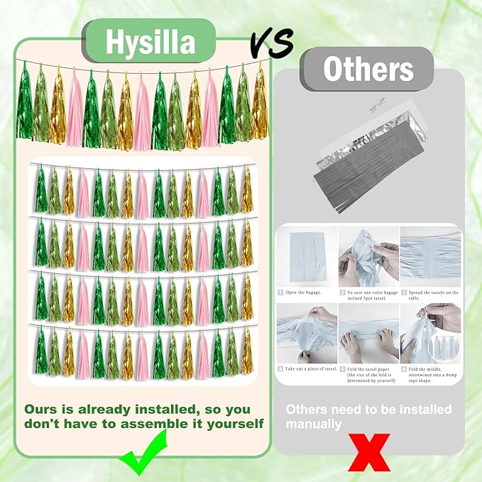 3P Sage-Green Pink-Gold Foil Fringe Metallic Tassel Garland, Tassels Banner Streamers for Parade Floats, Bachelorette, Wedding, Birthday, Halloween, Christmas, Bridal/Baby Shower Party Decorations