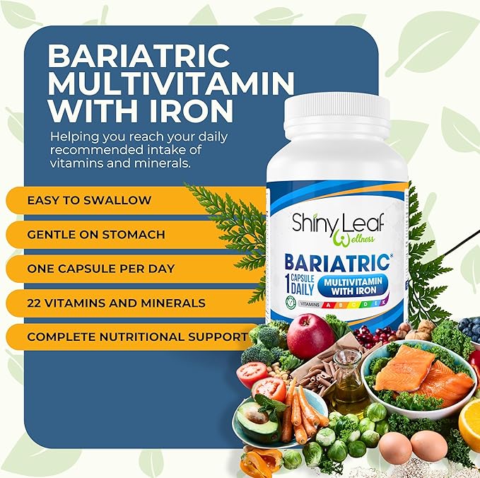 Shiny Leaf Bariatric Multivitamin with Iron - 45 mg for Gastric Bypass, Sleeve Gastrectomy, Roux-en-Y, Duodenal Switch - 22 Vitamins & Minerals, ASMBS Compliant, Vegetarian, Made in USA, GMP, 60 Ct.