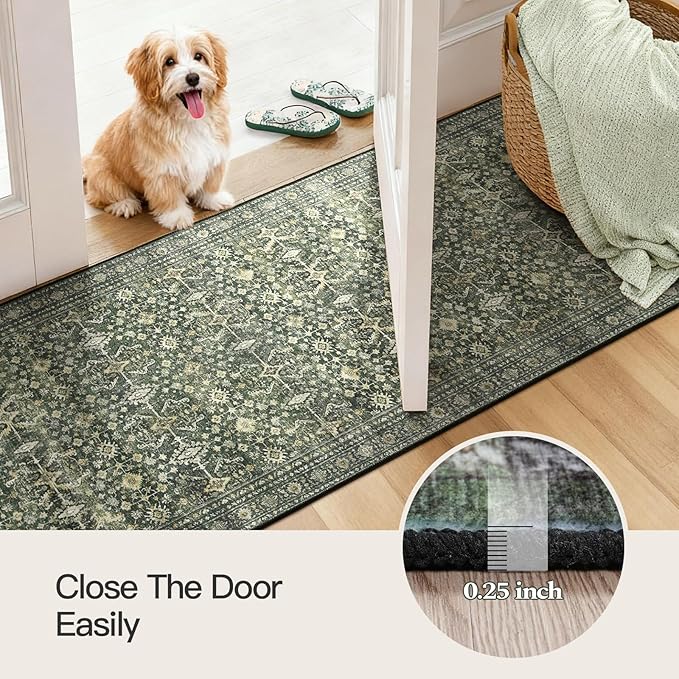 Lofus 2X 6 Runner Rug for Hallways,Green Washable Runner Rugs with Non Slip Rubber Backing, Low Pile Soft Carpet Runner for Kitchen Bathroom Bedroom Laundry