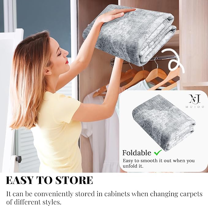 MUJOO Grey Rug 8'x10' Area Rugs for Living Room Bedroom Dining Room,Large Washable Boho Bohemian Vintage Distressed Farmhouse Non Slip Carpet, Floral Flowers