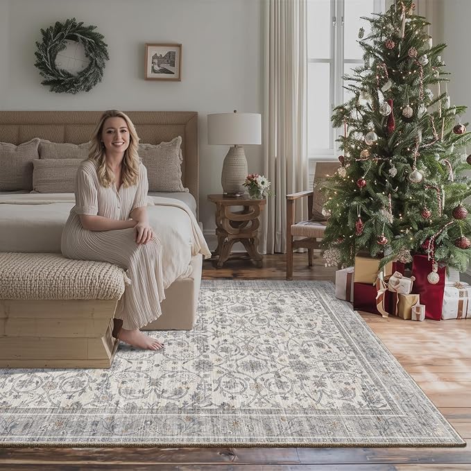 6x9 Washable Rug Vintage Fade Resistant Boho Distressed Non-Slip Indoor Large Carpet Low Pile Lightweight & High-Traffic Safe for Bedroom, Dorm, Playroom - Farmhouse Decor