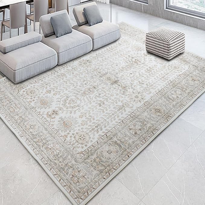 7x9 Area Rugs for Living Room,Thin Washable Rug, Non-Slip Foldable Area Rug for Bedroom, Dining Room, Home Office, Cream