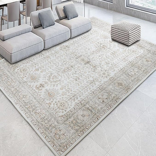 7x9 Area Rugs for Living Room,Thin Washable Rug, Non-Slip Foldable Area Rug for Bedroom, Dining Room, Home Office, Cream