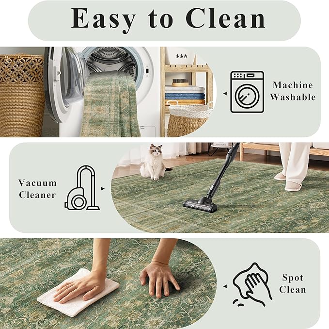 HelloTree Washable Rugs 5x7 Area Rug for Living Room, Vintage Boho Rug Non Slip Carpet Retro Accent Indoor Mat Print Distressed Low Pile Throw Large Rug for Office Bedside-Green