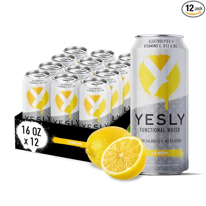 Yesly Functional Water, Lemon, Naturally Flavored Still Water with Electrolytes, Magnesium, Potassium, Vitamin C, B6 & B12, Zero Sugar, No Artificial Sweeteners, Caffeine Free, 16 Fl Oz Cans, 12 Pack
