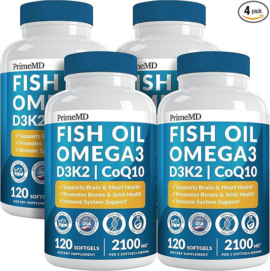 4-in-1 Fish Oil Omega 3 Fatty Supplements (2100mg) - Omega 3 Fish Oil with Vitamins D3 K2 and CoQ10 - Lemon Flavored (120 softgels, Pack of 4)