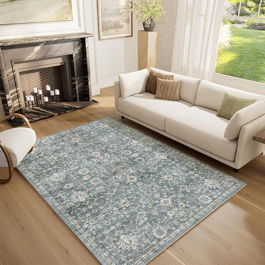 Washable Area Rugs 5'x7' Non-Slip Vintage Boho Distressed Fade Resistant Low Pile Carpet for High-Traffic Living Room, Bedroom & Dining Room