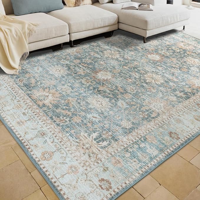 8x10 Vintage Living Room Area Rug - Large Soft Washable Indoor Floor Oriental Farmhouse Rugs for Bedroom, Home Office House Decor, Ocean Terracotta