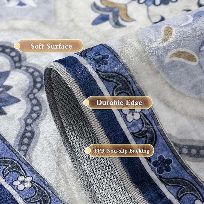EnHomee Area Rugs 3x5, Soft Washable Rugs for Living Room Bedroom, Boho Non Slip Low Pile Stain Resistant Washable Rug Large Carpet for Dining Room,Easy to Clean Living Room Rug, Blue