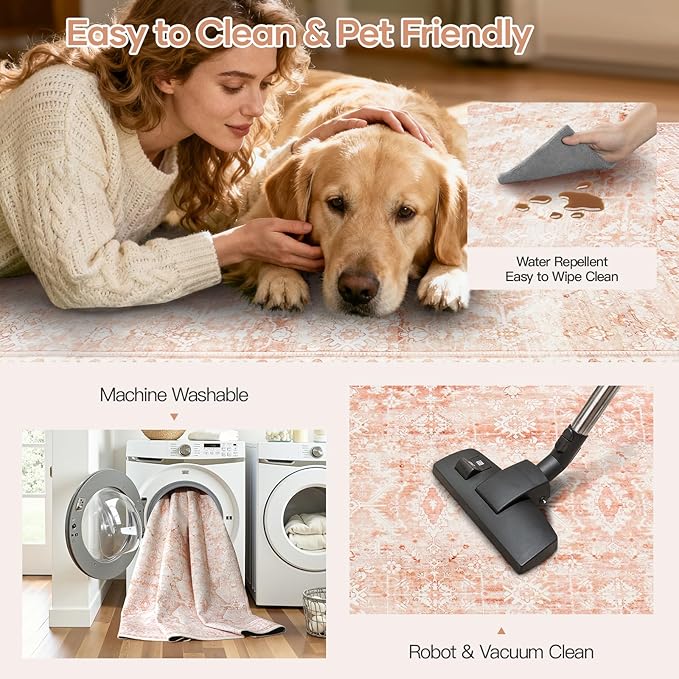 Lofus 5x7 Area Rug for Living Room,Pink Washable Area Rugs with Non-Slip Backing,Soft Boho Carpets for Bedroom Dining Room Home Office Indoor Nursery