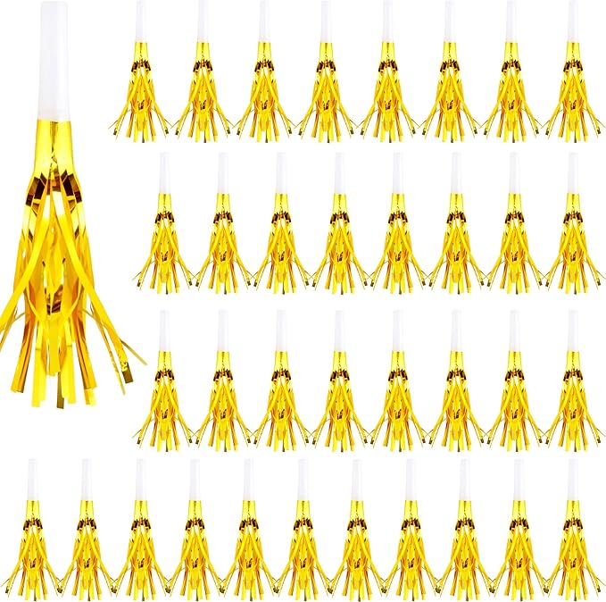 36 Pieces Glitter Metallic Fringed Noisemakers Musical Party Blowers Blowouts Whistle Party Blow Horns for New Years Birthday Party Supplies Sporting Event Celebrations (Gold)