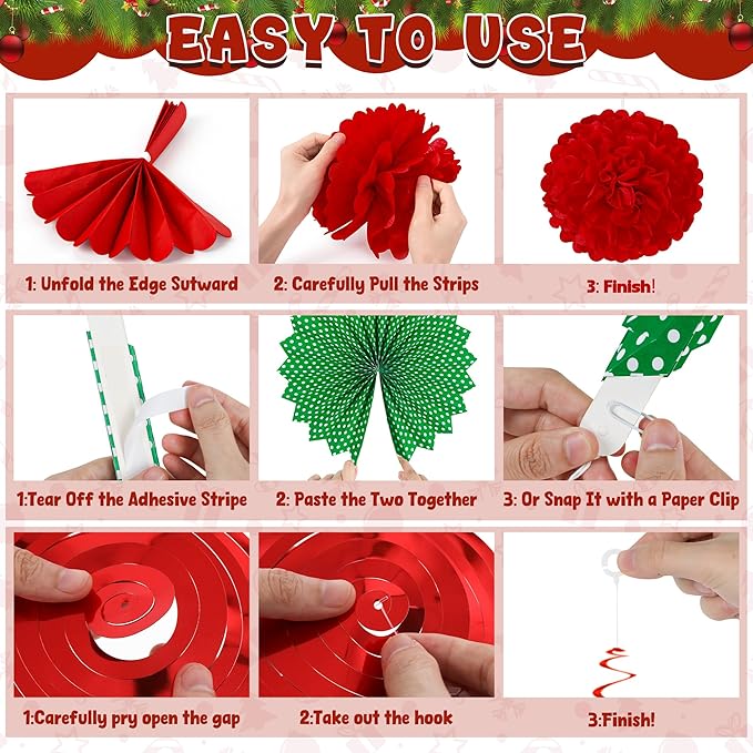 28PCS Christmas Decorations, Christmas Banner Paper Fans Set, Red White Green Pompom Garland Paper Fans Hanging Swirls for Xmas Party Decorations Accessories Indoor Supplies Decor Ugly Sweater Set