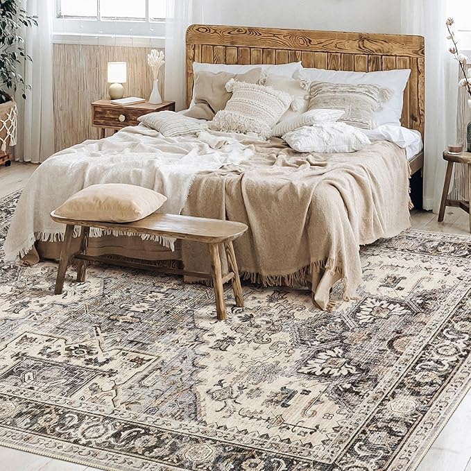 Area Rug for Living Room - 7x9 Soft Washable Oriental Vintage Floral Distressed Large Carpet - Fade Stain Resistant Non Slip Rugs for Bedroom Dining Room Nursery Dorm Office Home Decor - Brown