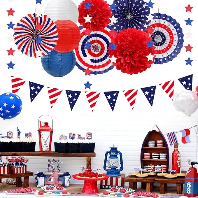 Red-White Blue Memorial-Day Patriotic Decorations - 21pcs 4th Fourth of July Paper Lanterns Fans,Tissue Pom Poms Streamers,Honeycomb Balls,USA Americana Independence Banner Decor Burgleda