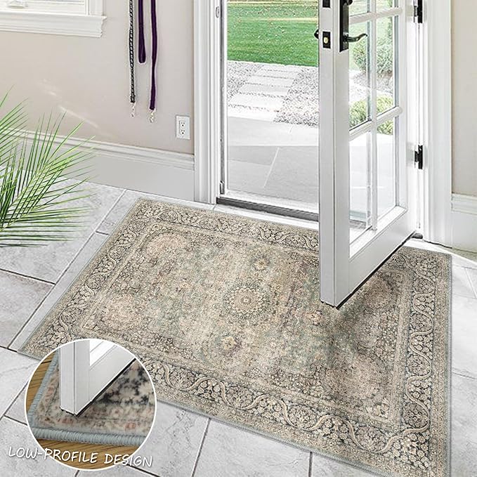Area Rug 2x3 Distressed Small Entryway Rug Vintage Doormat Faux Wool Non-Slip Washable Low-Pile Floor Carpet for Indoor Front Entrance Kitchen Bathroom…