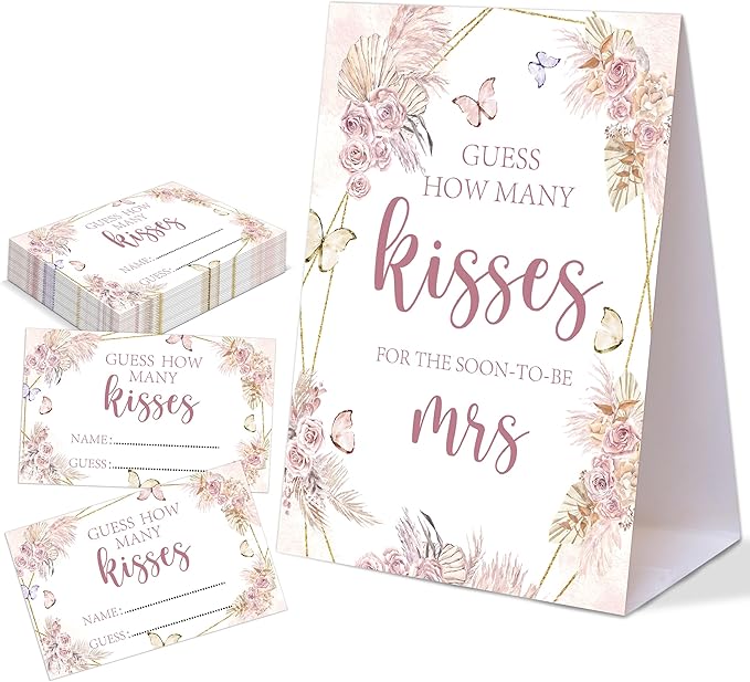 Boho Floral How Many Kisses for the Soon to Be Mrs, 1 Tabletop Sign and 50 Cards, How Many Kisses Bridal Shower Game for Bachelorette Night Wedding Event & Party Supplies