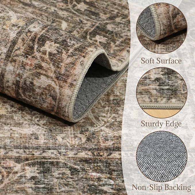 2'x6' Washable Runner Rug Utral Soft Lightweight Vintage Boho Distressed Non-Slip Backing,Low Pile Stain Resistant Farmhouse Rug for High-Traffic Hallway, Kitchen & Laundry