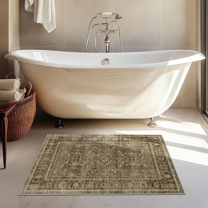 HelloTree 2x3 Entryway Rug Washable Vintage Print Door Mat Kitchen Rugs for Front Door Bedroom Living Room Entrance Small Soft Traditional Distressed Carpet Folable for Room Bedside-Brown