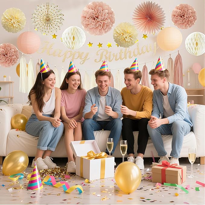 Party Decorations for Women Girls With Happy Birthday Banner Champagne Gold Fringe Curtain Hanging Swirls Butterfly Boho Paper Lanterns Pom Poms Fan Backdrop Decor (Champagne Gold Party Decorations)