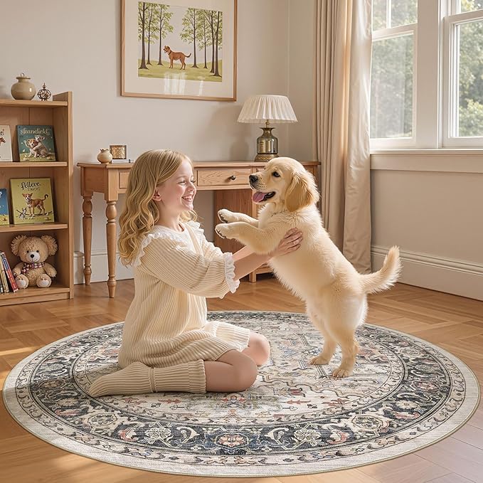 Area Rug for Living Room - 5x5 Large Soft Washable Oriental Vintage Floral Carpet Safe for Babies & Pets - Fade Stain Resistant Non Slip Rugs for Bedroom Dining Room Nursery Dorm Office Home Decor