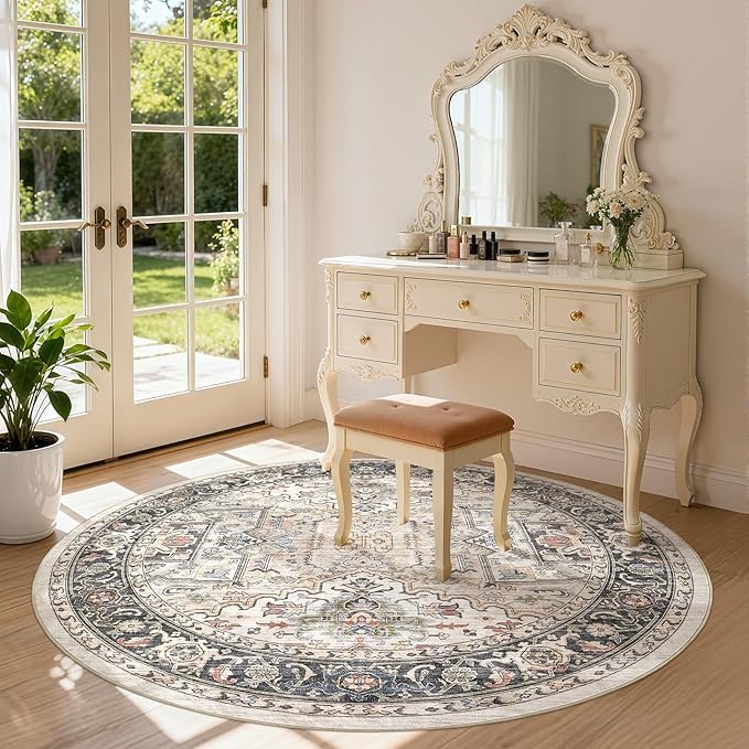 Area Rug for Living Room - 5x5 Large Soft Washable Oriental Vintage Floral Carpet Safe for Babies & Pets - Fade Stain Resistant Non Slip Rugs for Bedroom Dining Room Nursery Dorm Office Home Decor