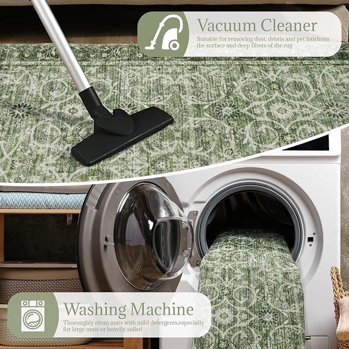 Washable Area Rugs 5'x7' Non-Slip Vintage Boho Distressed Fade Resistant Low Pile Carpet for High-Traffic Living Room, Bedroom & Dining Room