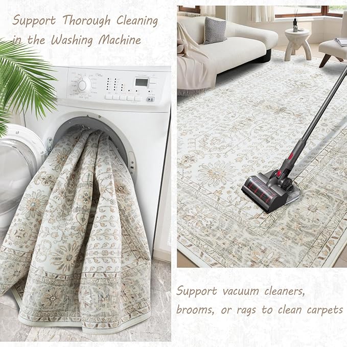 7x9 Area Rugs for Living Room,Thin Washable Rug, Non-Slip Foldable Area Rug for Bedroom, Dining Room, Home Office, Cream