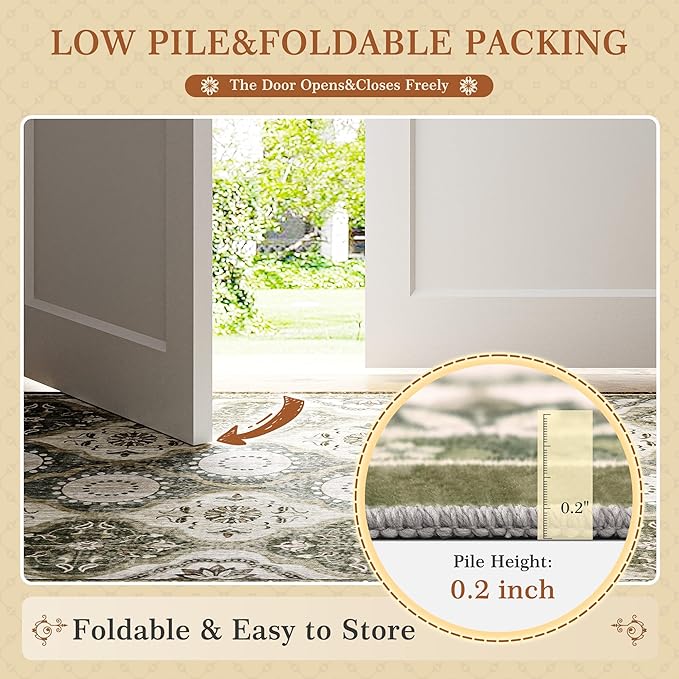 EnHomee Area Rugs 3x5, Soft Washable Rugs for Living Room Bedroom, Boho Non Slip Low Pile Stain Resistant Washable Rug Large Carpet for Dining Room,Easy to Clean Living Room Rug, Green