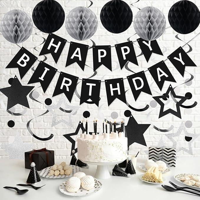 meowtastic Birthday Decorations, Happy Birthday Banner with Honeycomb Balls, Star Hanging Swirl Streamer, Circle Dot Garland, Happy Birthday Party Decoration for Women Men Boys Girls (Black & Silver)