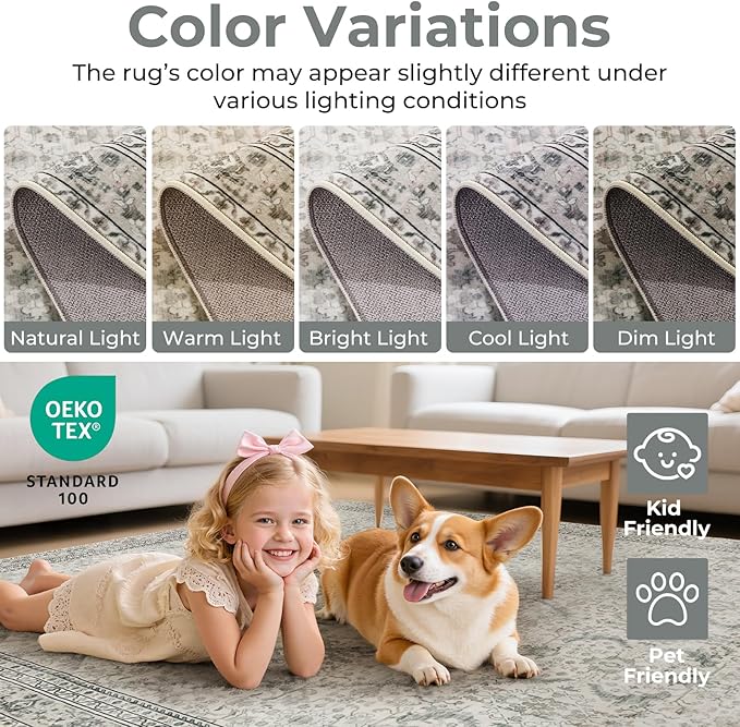 Lofus 5x7 Area Rug for Living Room, White Washable Area Rugs with Non-Slip Backing,Soft Boho Carpets for Bedroom Dining Room Home Office Indoor Nursery