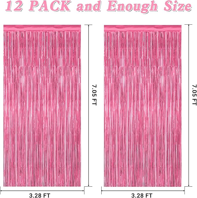 12 Pack Pink Backdrop, 3.28 FT x 7.05 FT Foil Fringe Curtains, Metallic Pink Tinsel Curtain Party Streamer Birthday Backdrop for Girl, Valentines Day Decorations Bachelorette Party Supplies