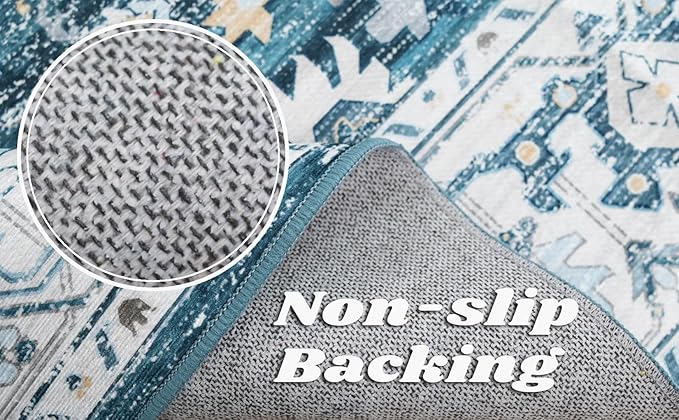 8x10 Area Rugs for Living Room, Machine Washable Non Slip Vintage Retro Rugs, Low Pile Lightweigt Chenille Print Indoor Rug for Bedroom, Dining Room, Home Office (Blue Gold Cream 8X10)…