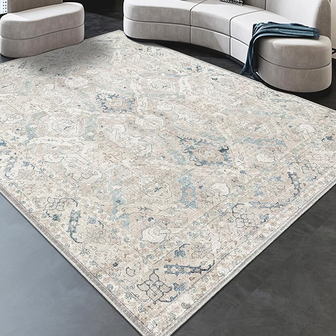 8x10 Area Rugs for Living Room, Machine Washable Non Slip Vintage Retro Rugs, Low Pile Lightweight Chenille Print Indoor Rug for Bedroom, Dining Room, Home Office(Grey/Blue/TAN/Teal/Green)