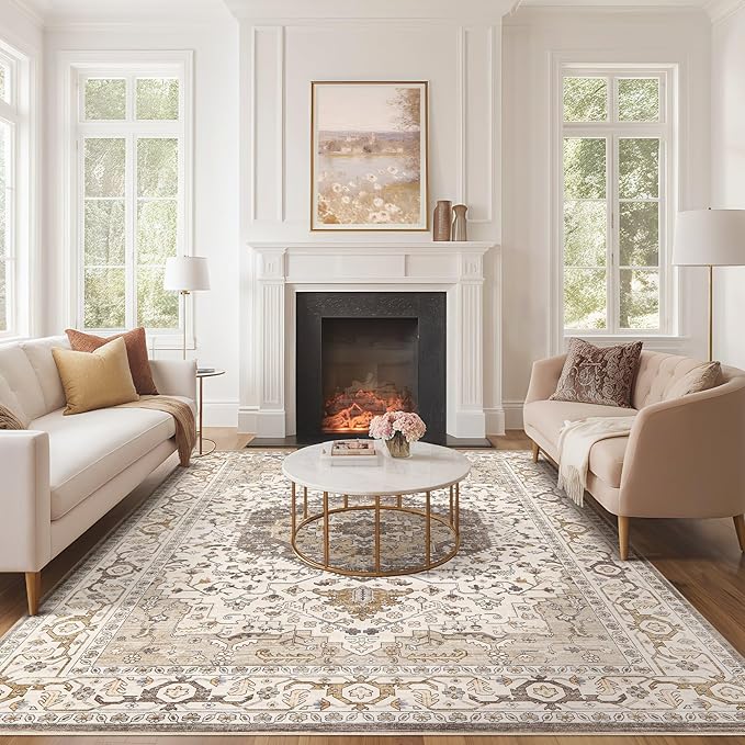 Area Rug for Living Room - 9x12 Soft Washable Oriental Vintage Floral Distressed Large Carpet - Fade Stain Resistant Non Slip Rugs for Bedroom Dining Room Nursery Dorm Office Home Decor-Camel/Beige
