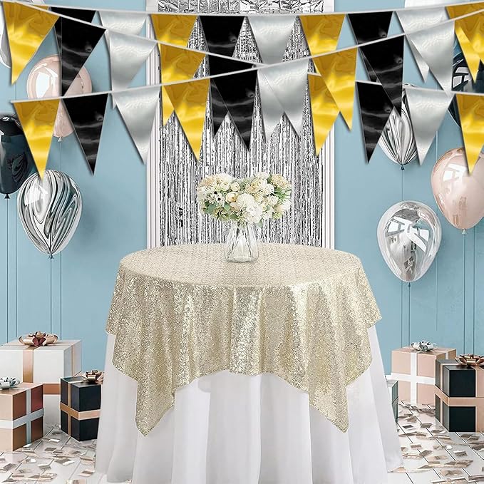 40M/130FT Black Gold Silver Triangle Pennant Banner Flag Metallic Fabric Bunting Garland for Christmas Wall Hanging,Graduation Decorations, New Years Decorations,Father' Da