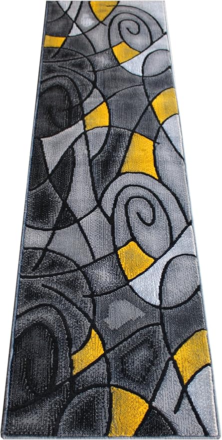 Masada Rugs, Modern Contemporary Runner Area Rug, Yellow Grey Black (2 Feet X 7 Feet)