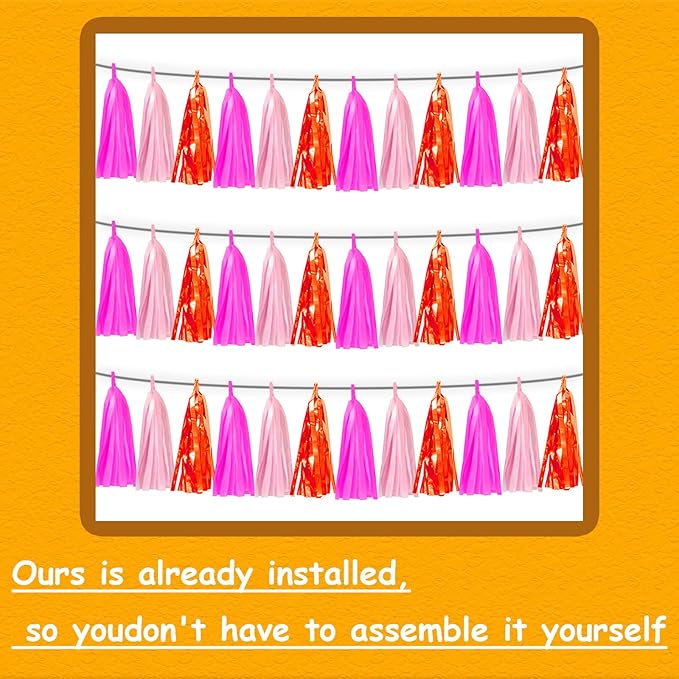 3P Hot Pink Orange LightPink Metallic Fringe Banner Garland Foil Tinsel Streamer Backdrop Banners for Parties, Wall Hanging Curtain Parade Floats,Graduation Decorations, Wedding Party Decoration