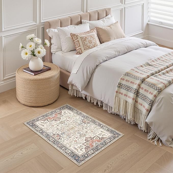 2x3 Washable Entryway Rug: Non-Slip Soft Small Indoor Area Rug for Bedroom Kitchen, Low Pile Stain-Resistant Durable Vintage Floral Carpet for Porch Laundry Kids Room Home Decor (Multi)
