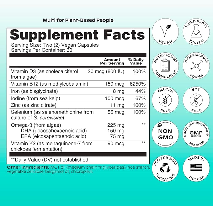 wholier Plant Based Multivitamin Vegan Omega-3 DHA EPA, Vitamin D, B12, Zinc, Vitamin K2, Iron, Iodine, Selenium. 60 Count (30-Day Supply) Glass Bottle