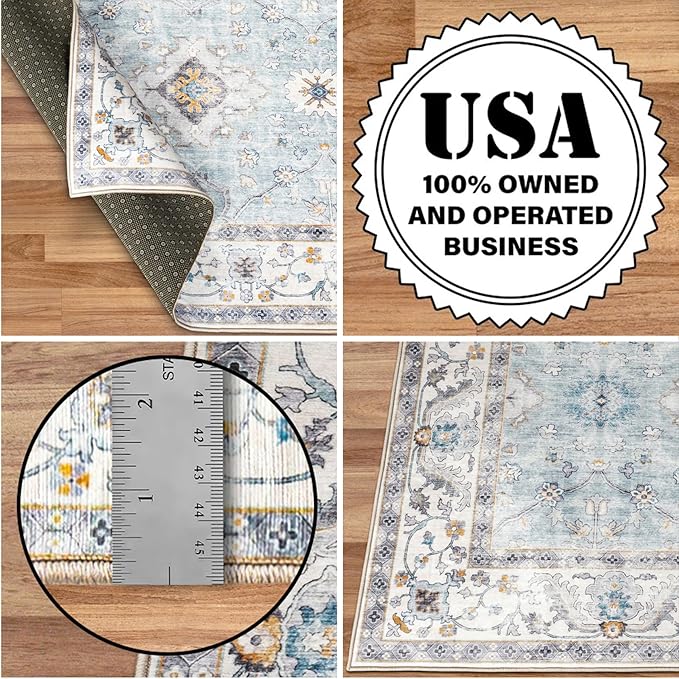 ReaLife Rugs Machine Washable Area Rug Runner - Living Room Bedroom Bathroom Kitchen Entryway Office - Padded Low Pile Stain Resistant Premium - Boho Farmhouse Vintage - BEV - Blue Ivory 2'6" x 6'