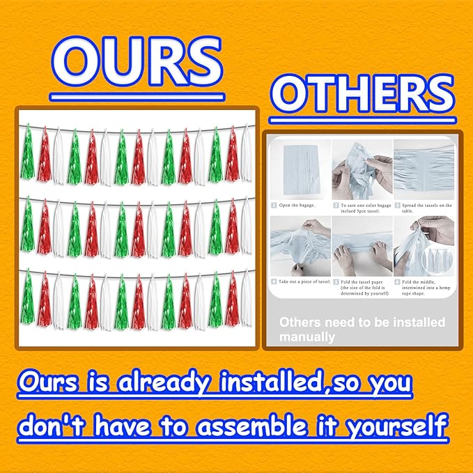 3P Red Green White Foil Fringe Metallic Tassel Streamers Banner Tassel Garland for Parade Floats, Graduation, Wedding, Birthday, Halloween, Christmas, Mexican Italian Birthday Party Decorations