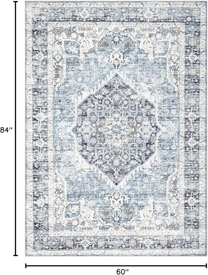 Area Rug 5×7, Vintage Boho Rug,Ultra-Soft Low Pile, Washable, Non Slip,Stain Resistant Printed Carpet for Living Room Bedrooms Playroom Office Kitchen, Light Blue