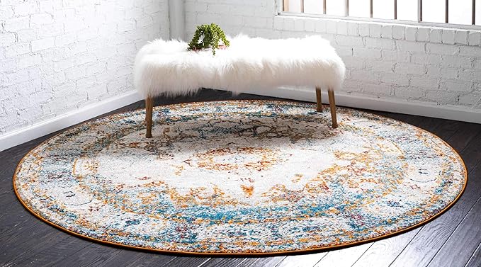 Unique Loom Rosso Collection Traditional, Vintage, Medallion, Border, Distressed, Southwestern Area Rug, 3 ft 3 in x 3 ft 3 in, Ivory/Blue