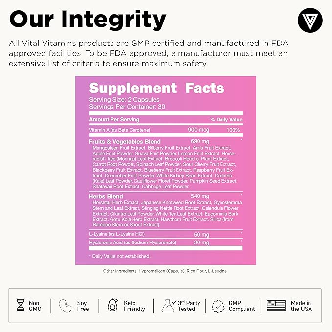 Vital Vitamins Vegan Collagen Booster - with Silica and Hyaluronic Acid - Plant-Based Collagen Supplements - Supports Hair, Skin, Nails & Joints - 60 Capsules