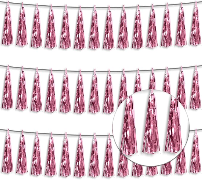 3P Metallic Fringe Tassel Banner Garland Foil Tinsel Streamer Wall Hanging Curtain Backdrop Banner for Parade Floats, Graduation Decorations, Wedding Party Decoration(Pink)