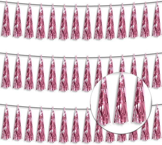 3P Metallic Fringe Tassel Banner Garland Foil Tinsel Streamer Wall Hanging Curtain Backdrop Banner for Parade Floats, Graduation Decorations, Wedding Party Decoration(Pink)